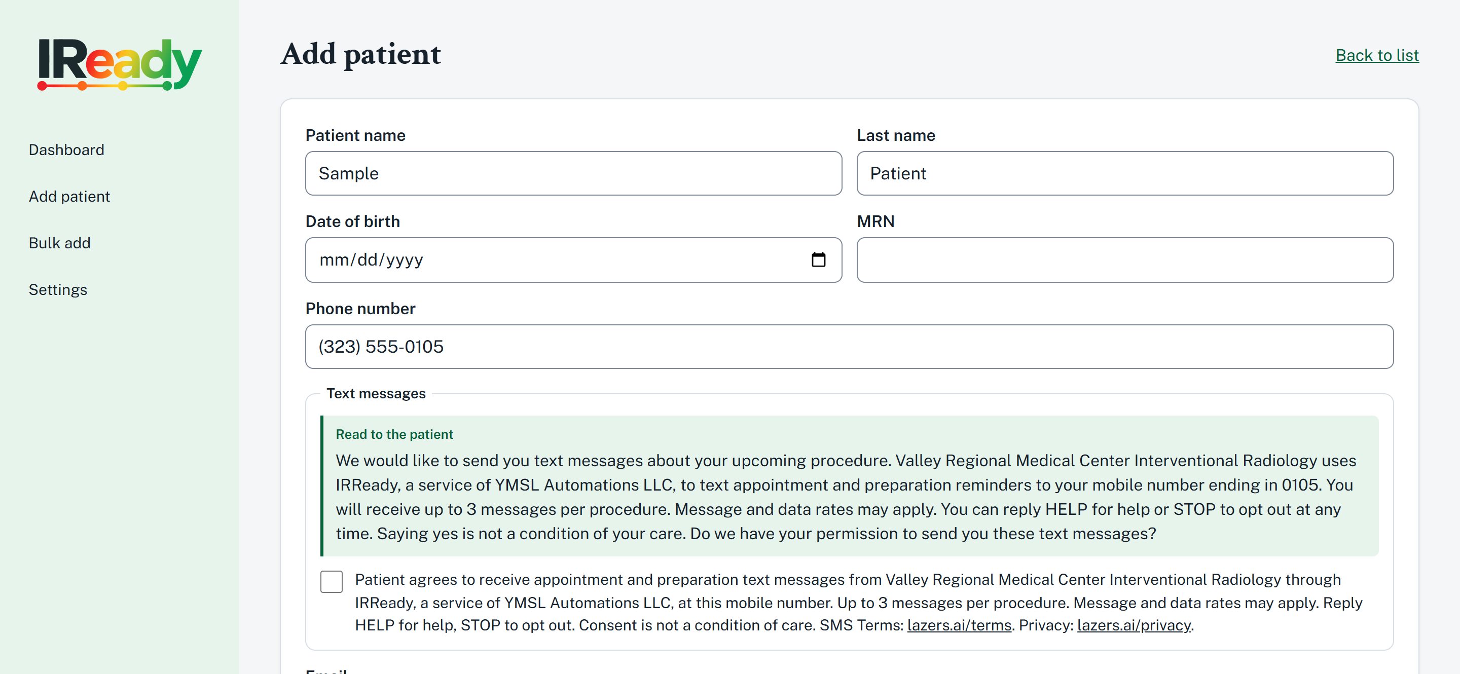 The IRReady Add patient screen with the verbal script above the Text messages consent checkbox and the full consent text beside it